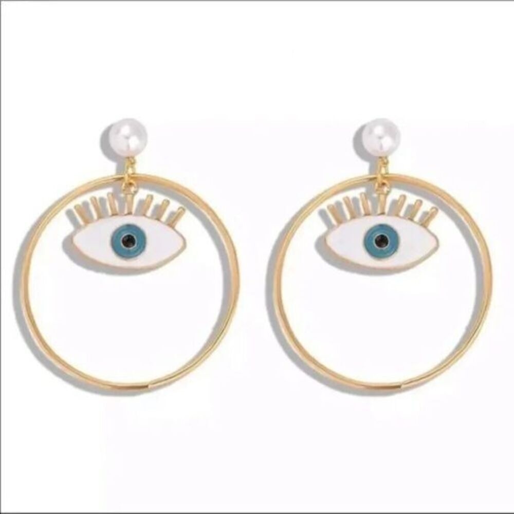 Evil Eye Hoop Earrings Pearl‎ Dangle Gold Tone Fashion Jewelry